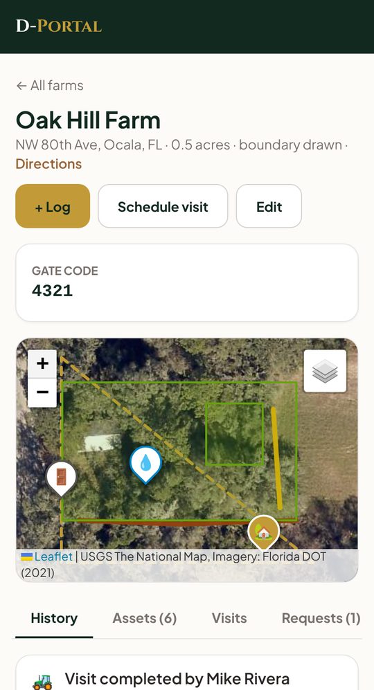 D-Portal farm map with paddocks, fence lines, waterer and gate drawn on aerial imagery