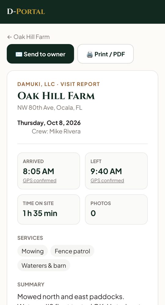 D-Portal visit report showing arrival 8:05 AM, departure 9:40 AM and services completed